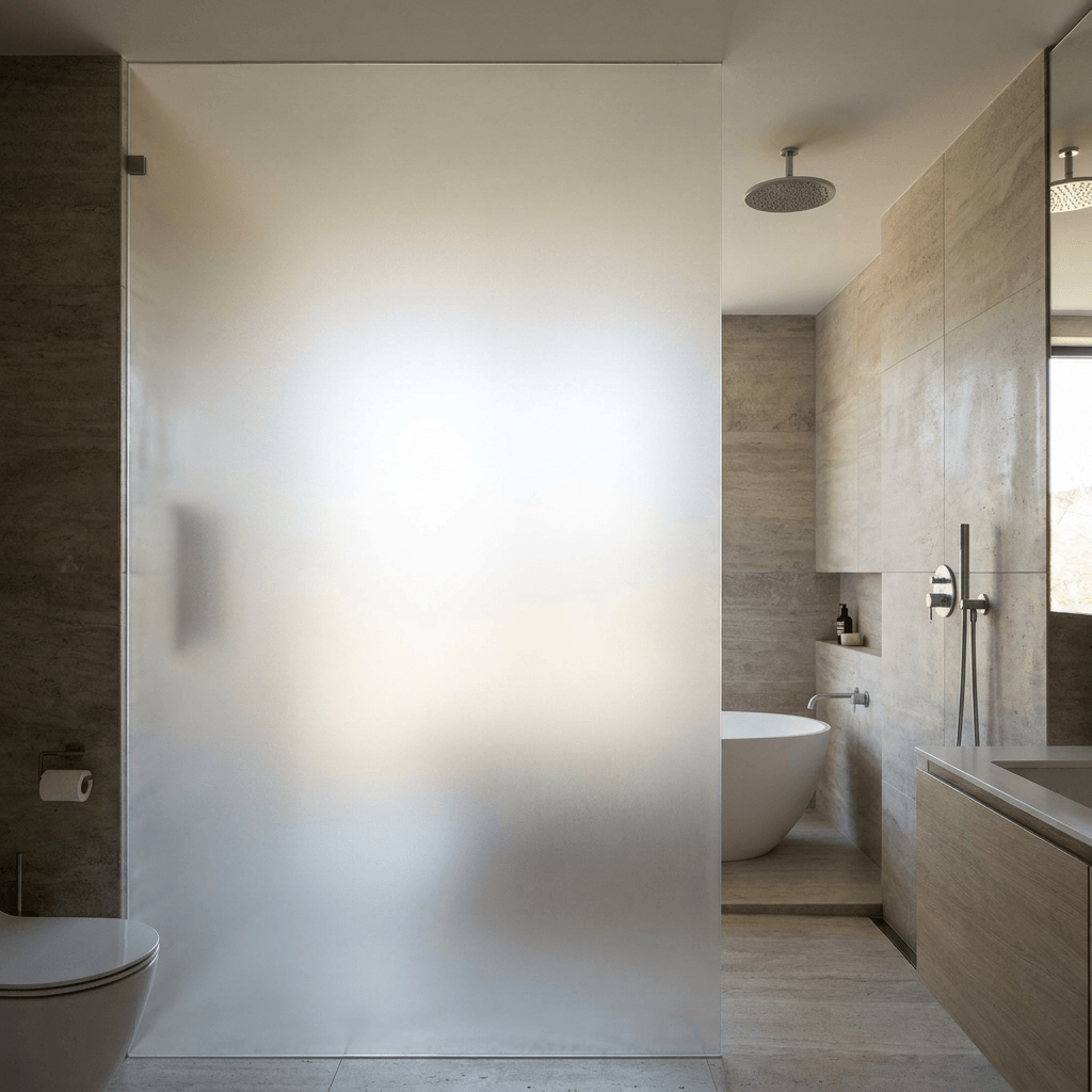 Acid-etched frosted glass panel with smooth matte translucent surface for architectural interior applications