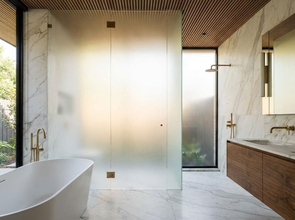 Acid-etched frosted glass shower enclosure in modern bathroom providing privacy and natural light diffusion