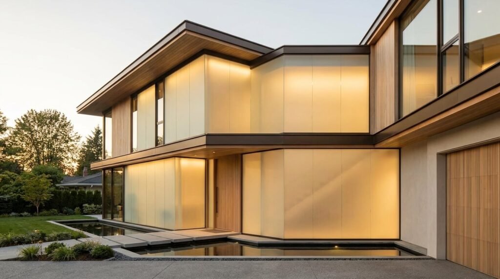 Architectural glass facade cladding with sandblasted finish on commercial building exterior