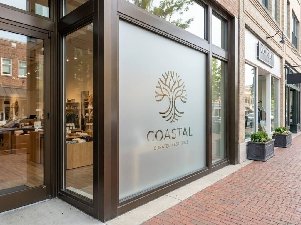 Custom frosted glass storefront window with logo etching for retail branding and display