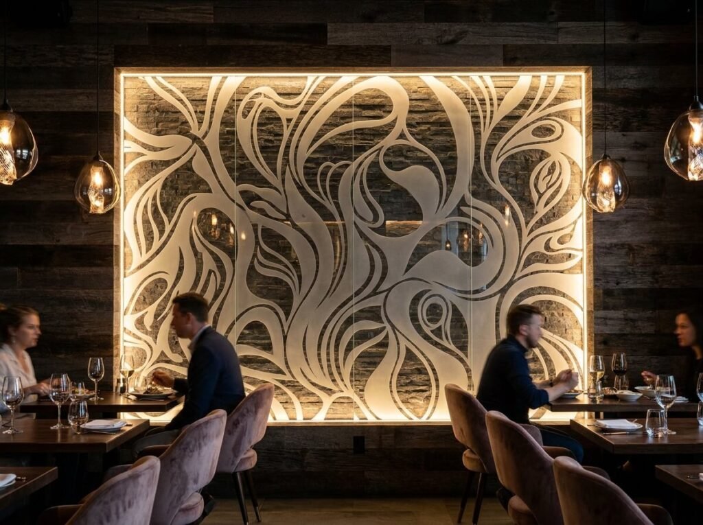 Frosted acid-etched glass wall panels in upscale restaurant interior for ambient lighting and privacy