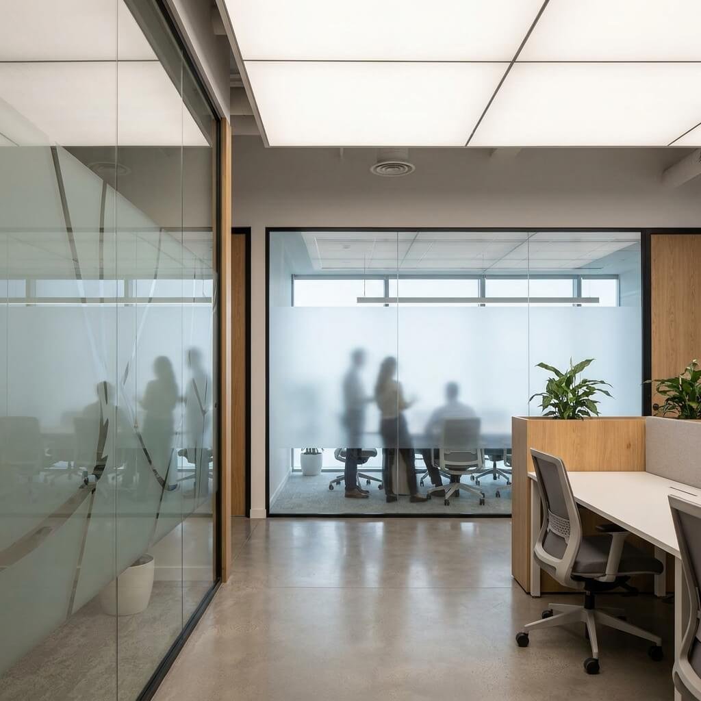 Frosted glass office partition walls creating private workspace with light transmission in corporate interior