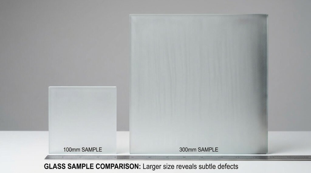 Glass sample size chart showing standard thickness, sheet dimensions, and tint color variations