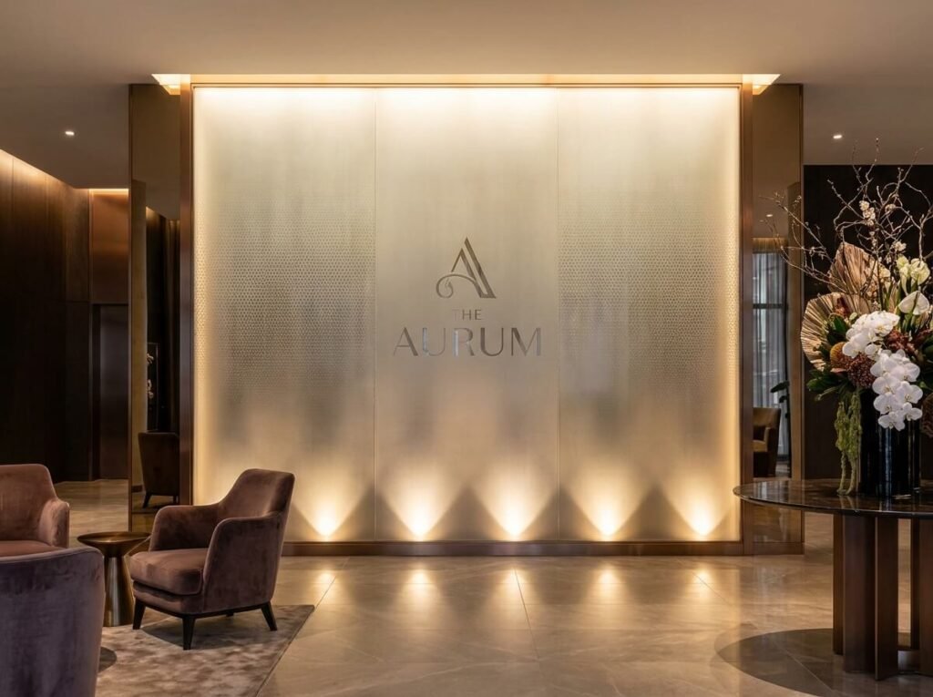 Sandblasted glass feature wall in luxury hotel lobby with decorative translucent finish