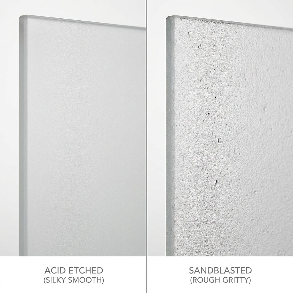 Side-by-side surface comparison of acid-etched glass and sandblasted glass showing texture and finish differences