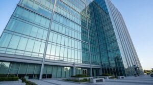 Modern glass office building facade with Low-E coated windows