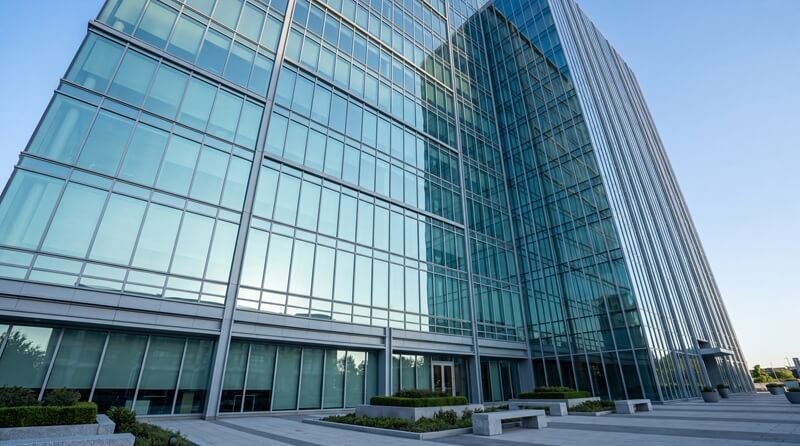 Modern glass office building facade with Low-E coated windows