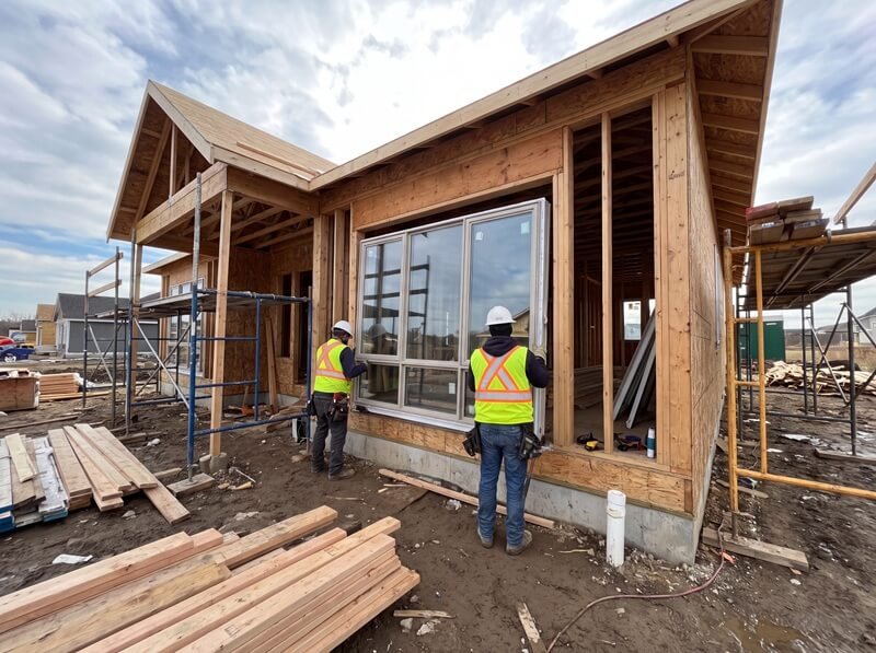 Energy-rated window being installed into a house frame