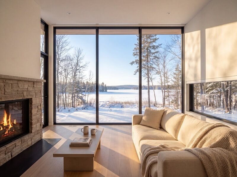 Bright living room with a large Low-E window holding warmth against a cold winter exterior